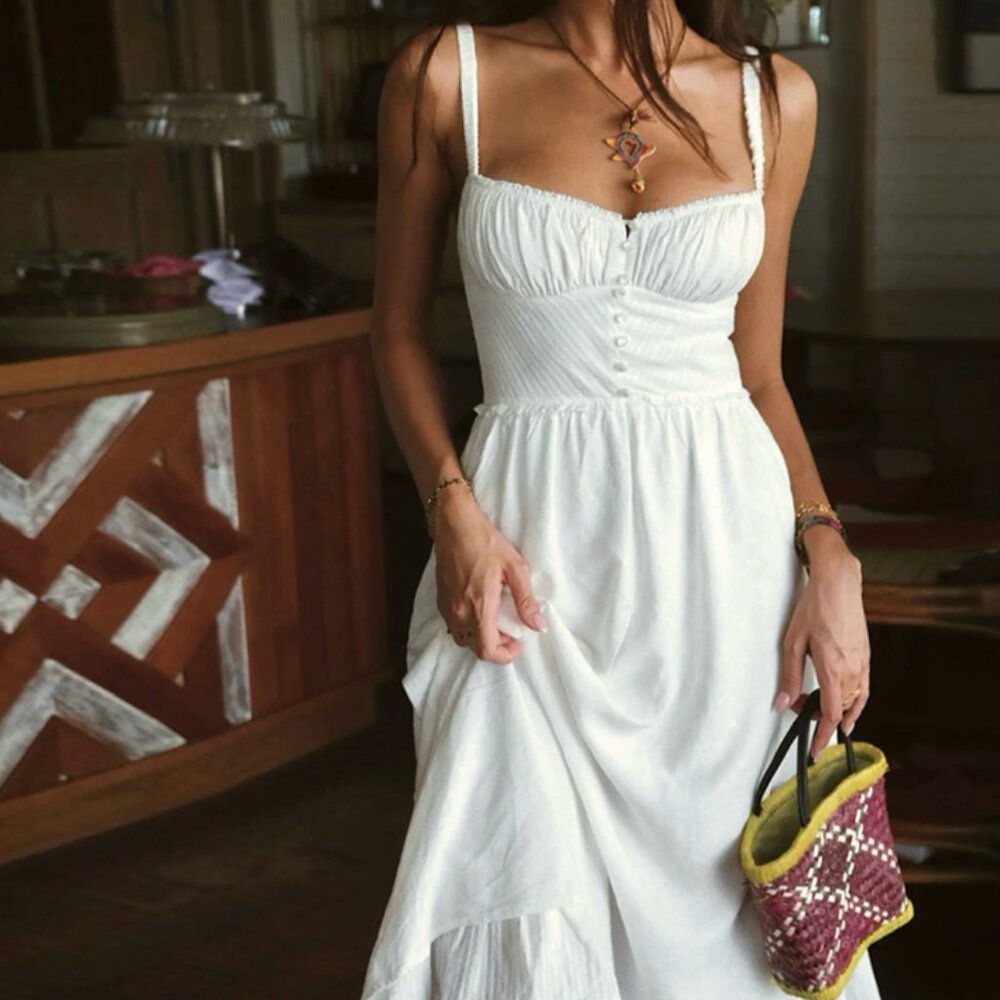Never Worn- White Ruffle Hem Corseted Midi Dress